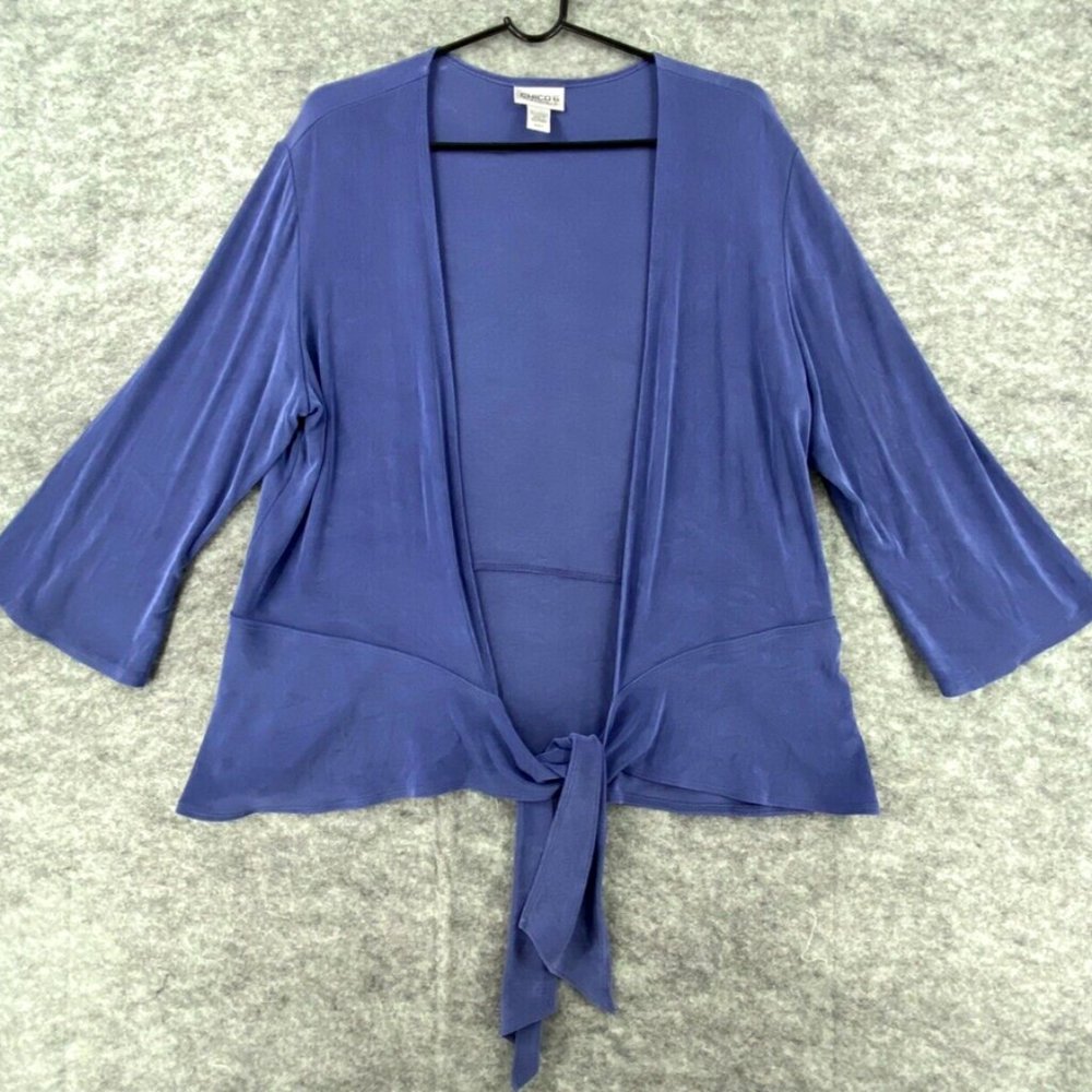 Chicos Travelers Womens Cardigan Size 2 Blue Large Front Tie Stretch Knit Slinky